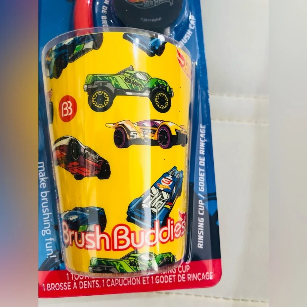 Hot wheels 3pc brush buddies soft ergonomic toothbrush, cap and rinsing cup‎ new